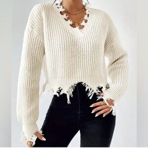 Revolve Love Tree Cream ivory Frayed Hem V-Neck Knit Sweater, distressed, sz L